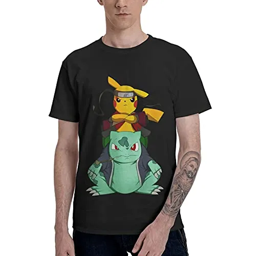 Pikachu Naruto Wallpapers T-Shirt Men's Summer Personality Printed Cotton Shirt Hip Hop Half-Sleeved Round Neck Tee Black